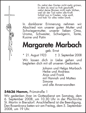 Todesanzeige von Margarete Marbach von TRIERISCHER VOLKSFREUND