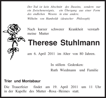 Todesanzeige von Therese Stuhlmann von TRIERISCHER VOLKSFREUND