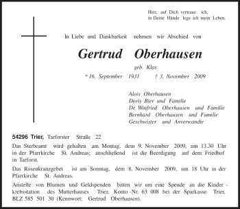 Todesanzeige von Gertrud Oberhausen von TRIERISCHER VOLKSFREUND