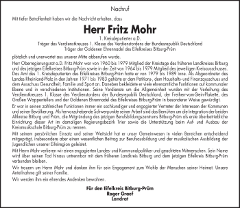 Todesanzeige von Fritz Mohr von TRIERISCHER VOLKSFREUND