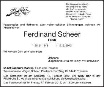 Todesanzeige von Ferdinand Scheer von TRIERISCHER VOLKSFREUND