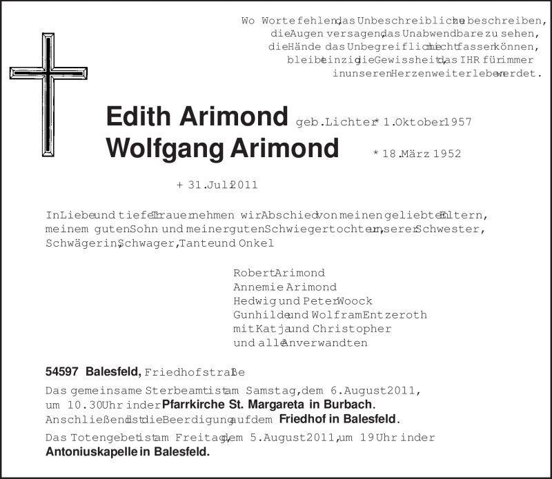  Traueranzeige für Edith Arimond vom 04.08.2011 aus TRIERISCHER VOLKSFREUND