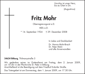 Todesanzeige von Fritz Mohr von TRIERISCHER VOLKSFREUND