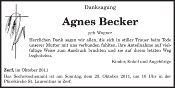Todesanzeige von Agnes Becker von TRIERISCHER VOLKSFREUND