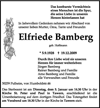 Todesanzeige von Elfriede Bamberg von TRIERISCHER VOLKSFREUND