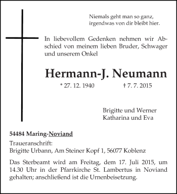 Todesanzeige von Hermann-J. Neumann von trierischer_volksfreund