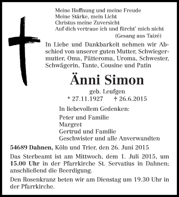 Todesanzeige von Änni Simon von trierischer_volksfreund