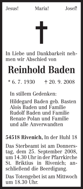 Todesanzeige von Reinhold Baden von TRIERISCHER VOLKSFREUND