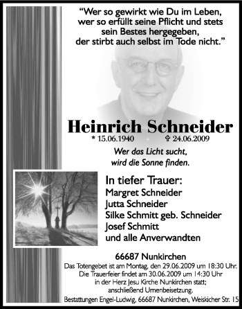 Todesanzeige von Heinrich Schneider von TRIERISCHER VOLKSFREUND