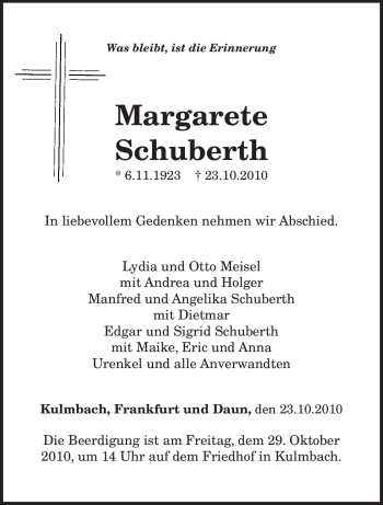 Todesanzeige von Margarete Schuberth von TRIERISCHER VOLKSFREUND