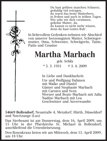 Todesanzeige von Martha Marbach von TRIERISCHER VOLKSFREUND