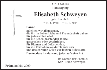 Todesanzeige von Elisabeth Schweyen von TRIERISCHER VOLKSFREUND