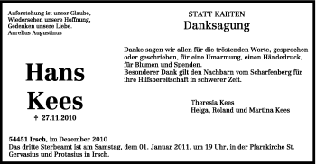 Todesanzeige von Hans Kees von TRIERISCHER VOLKSFREUND