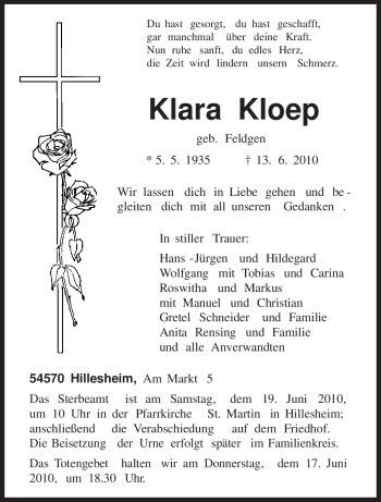 Todesanzeige von Klara Kloep von TRIERISCHER VOLKSFREUND