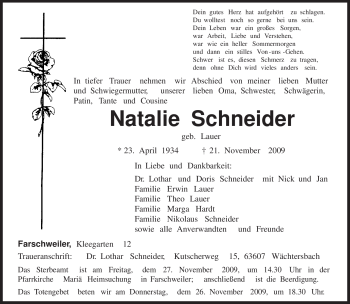 Todesanzeige von Natalie Schneider von TRIERISCHER VOLKSFREUND
