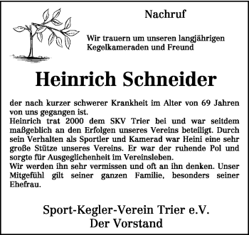 Todesanzeige von Heinrich Schneider von TRIERISCHER VOLKSFREUND