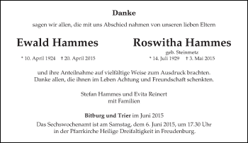 Todesanzeige von Ewald und Roswitha Hammes von trierischer_volksfreund