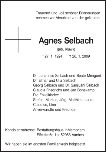 Todesanzeige von Agnes Selbach von TRIERISCHER VOLKSFREUND