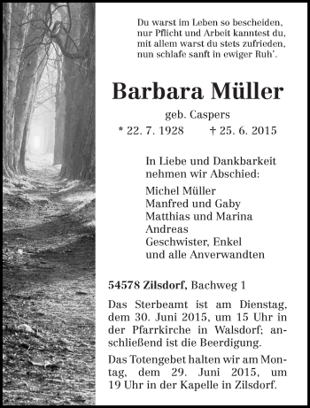 Todesanzeige von Barbara Müller von trierischer_volksfreund