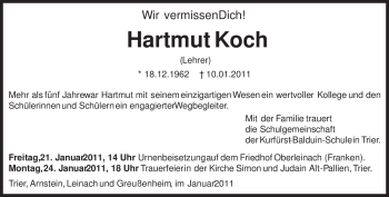 Todesanzeige von Hartmut Koch von TRIERISCHER VOLKSFREUND