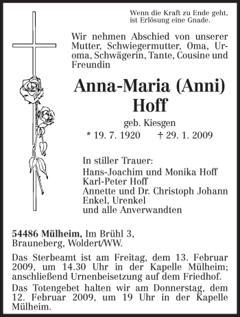 Todesanzeige von Anna-Maria Hoff von TRIERISCHER VOLKSFREUND