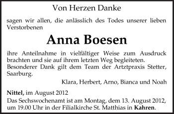 Todesanzeige von Anna Boesen von TRIERISCHER VOLKSFREUND