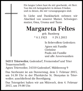 Todesanzeige von Margareta Feltes von trierischer_volksfreund