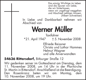 Todesanzeige von Werner Müller von TRIERISCHER VOLKSFREUND