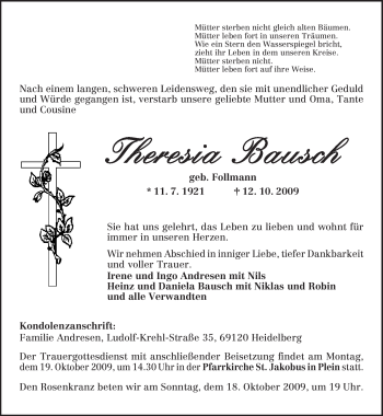 Todesanzeige von Theresia Bausch von TRIERISCHER VOLKSFREUND