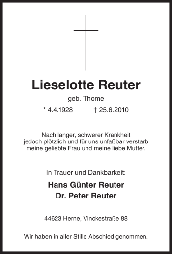 Todesanzeige von Lieselotte Reuter von TRIERISCHER VOLKSFREUND