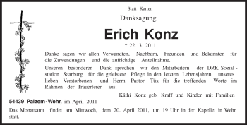 Todesanzeige von Erich Konz von TRIERISCHER VOLKSFREUND