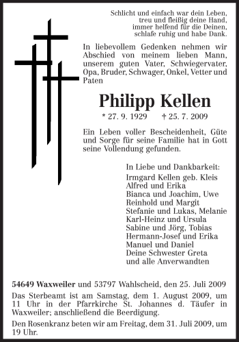 Todesanzeige von Philipp Kellen von TRIERISCHER VOLKSFREUND