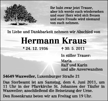 Todesanzeige von Hermann Kraus von TRIERISCHER VOLKSFREUND