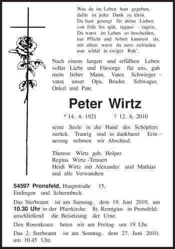 Todesanzeige von Peter Wirtz von TRIERISCHER VOLKSFREUND