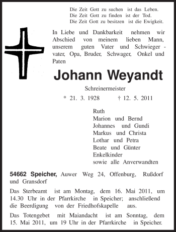 Todesanzeige von Johann Weyandt von TRIERISCHER VOLKSFREUND