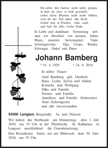 Todesanzeige von Johann Bamberg von TRIERISCHER VOLKSFREUND