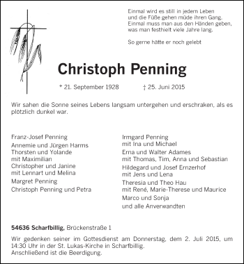 Todesanzeige von Christoph Penning von trierischer_volksfreund