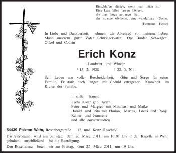 Todesanzeige von Erich Konz von TRIERISCHER VOLKSFREUND
