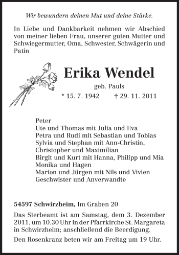 Todesanzeige von Erika Wendel von TRIERISCHER VOLKSFREUND