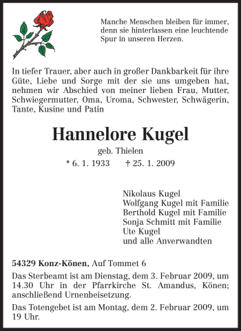 Todesanzeige von Hannelore Kugel von TRIERISCHER VOLKSFREUND