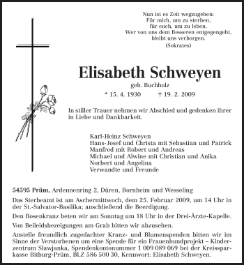 Todesanzeige von Elisabeth Schweyen von TRIERISCHER VOLKSFREUND