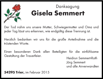 Todesanzeige von Gisela Semmert von trierischer_volksfreund