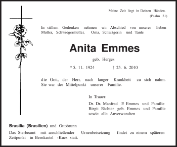 Todesanzeige von Anita Emmes von TRIERISCHER VOLKSFREUND