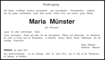 Todesanzeige von Maria Münster von TRIERISCHER VOLKSFREUND