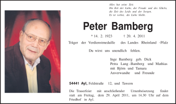 Todesanzeige von Peter Bamberg von TRIERISCHER VOLKSFREUND