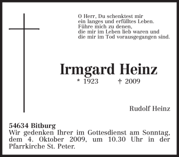 Todesanzeige von Irmgard Heinz von TRIERISCHER VOLKSFREUND
