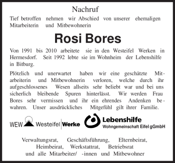 Todesanzeige von Rosi Bores von TRIERISCHER VOLKSFREUND