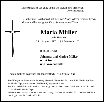 Todesanzeige von Maria Müller von TRIERISCHER VOLKSFREUND