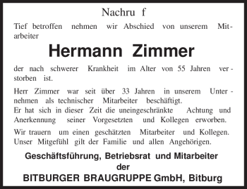 Todesanzeige von Hermann Zimmer von TRIERISCHER VOLKSFREUND
