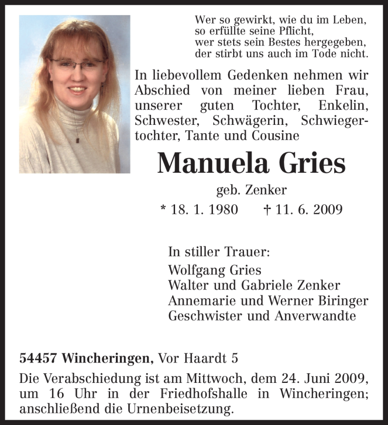  Traueranzeige für Manuela Gries vom 20.06.2009 aus TRIERISCHER VOLKSFREUND